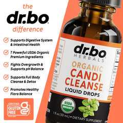 DR. BO Organic oregano oil drops bottle emphasizes potent cleansing support.