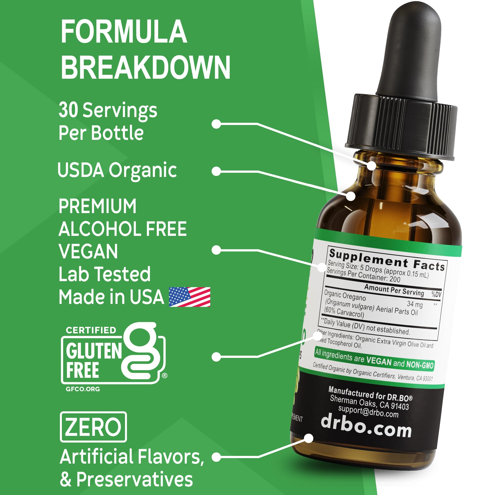 DR. BO Oregano Oil bottle beside gut health visuals.