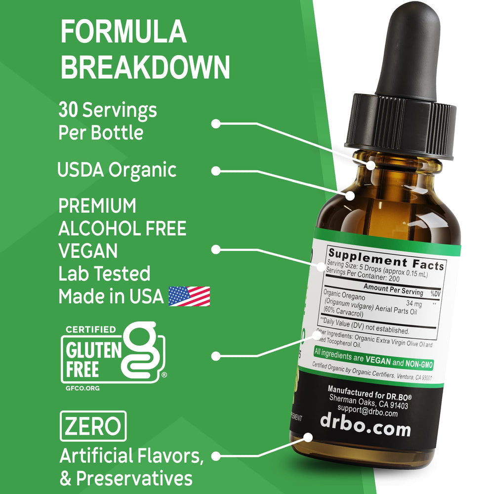 DR. BO Oregano Oil bottle beside gut health visuals.