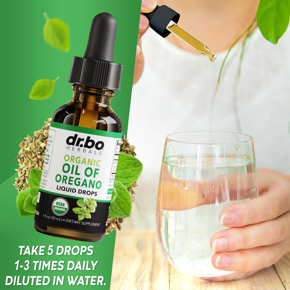 DR. BO Oregano Oil packaging emphasizes a six-month supply.