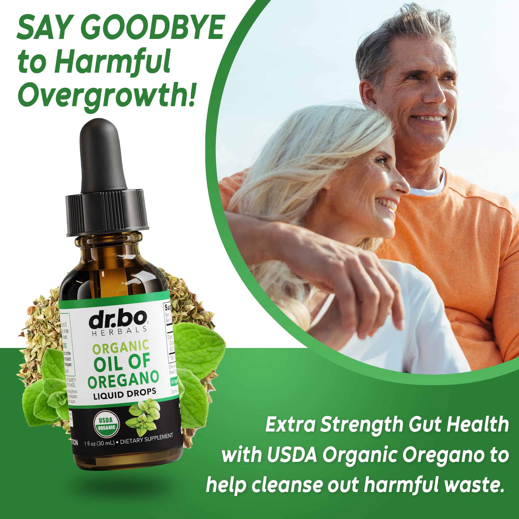 DR. BO Oregano Oil label highlights USDA Organic and vegan ingredients.