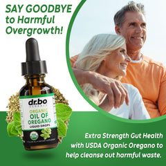 DR. BO Oregano Oil label highlights USDA Organic and vegan ingredients.