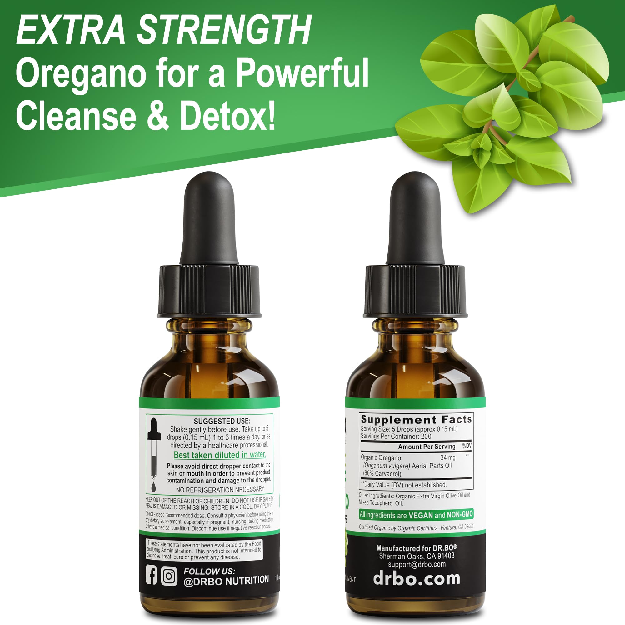 DR. BO Oregano Oil product logo communicates quality and natural sourcing.