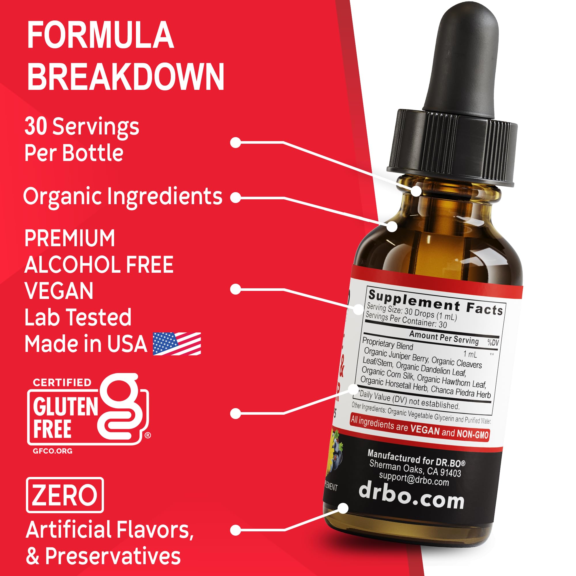 DR. BO organic herbs kidney support bottle signals a daily urinary wellness routine.