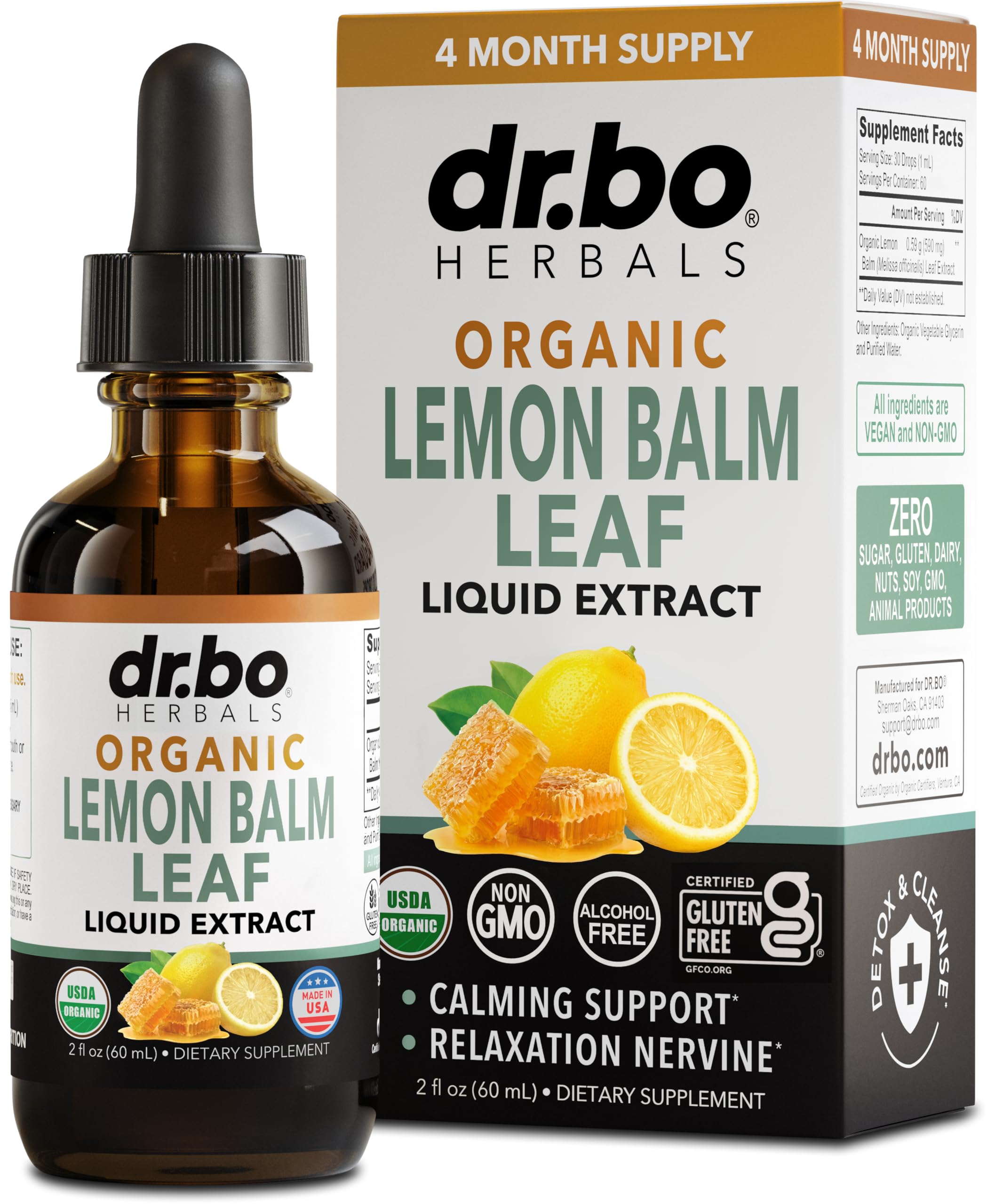 DR. BO Organic Lemon Balm Extract bottle for easy daytime calm.