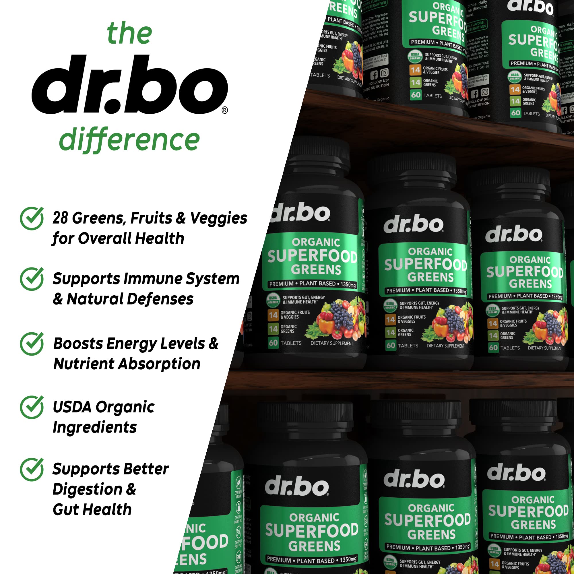 DR. BO alfalfa spinach kale tablets in focus for daily greens