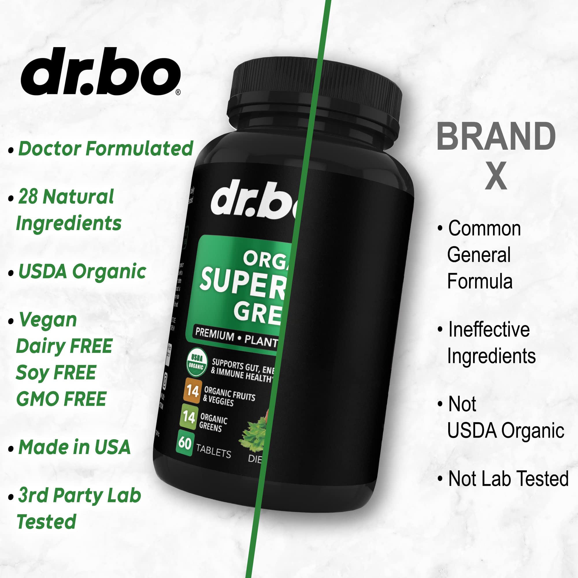 DR. BO organic-superfood-label close-up emphasizing organic certification