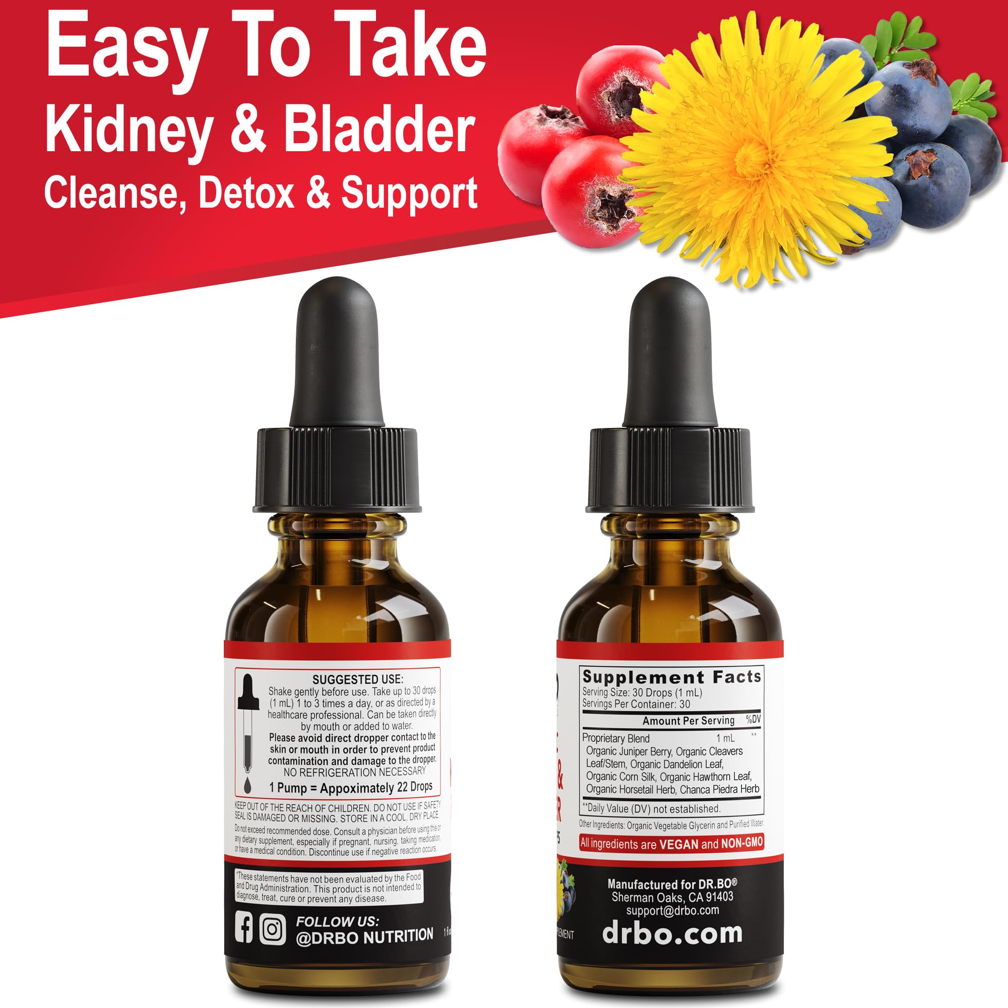 DR. BO urinary health drops bottle provides convenient kidney support.