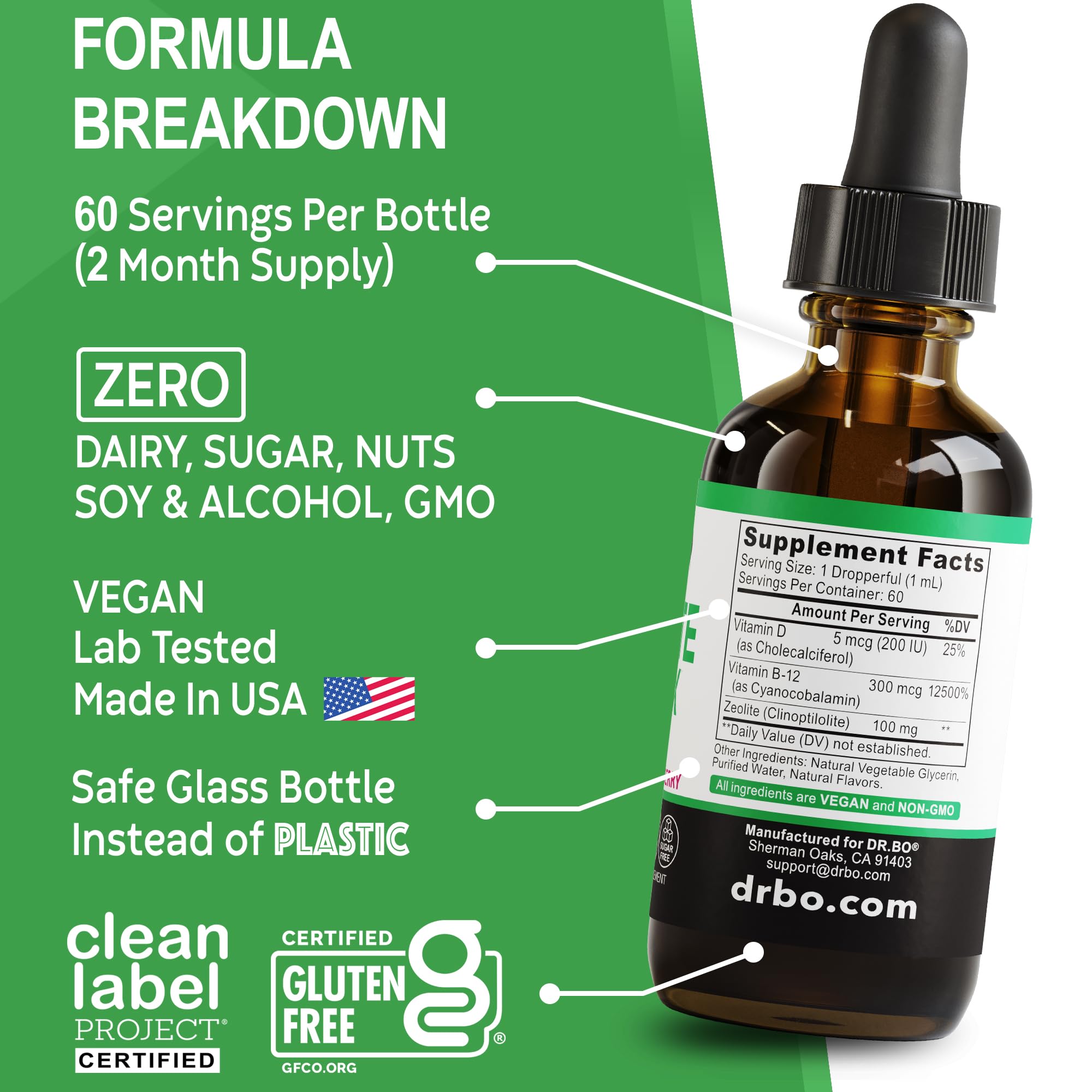 Label notes vitamins B12 and D on DR. BO Zeolite Drops