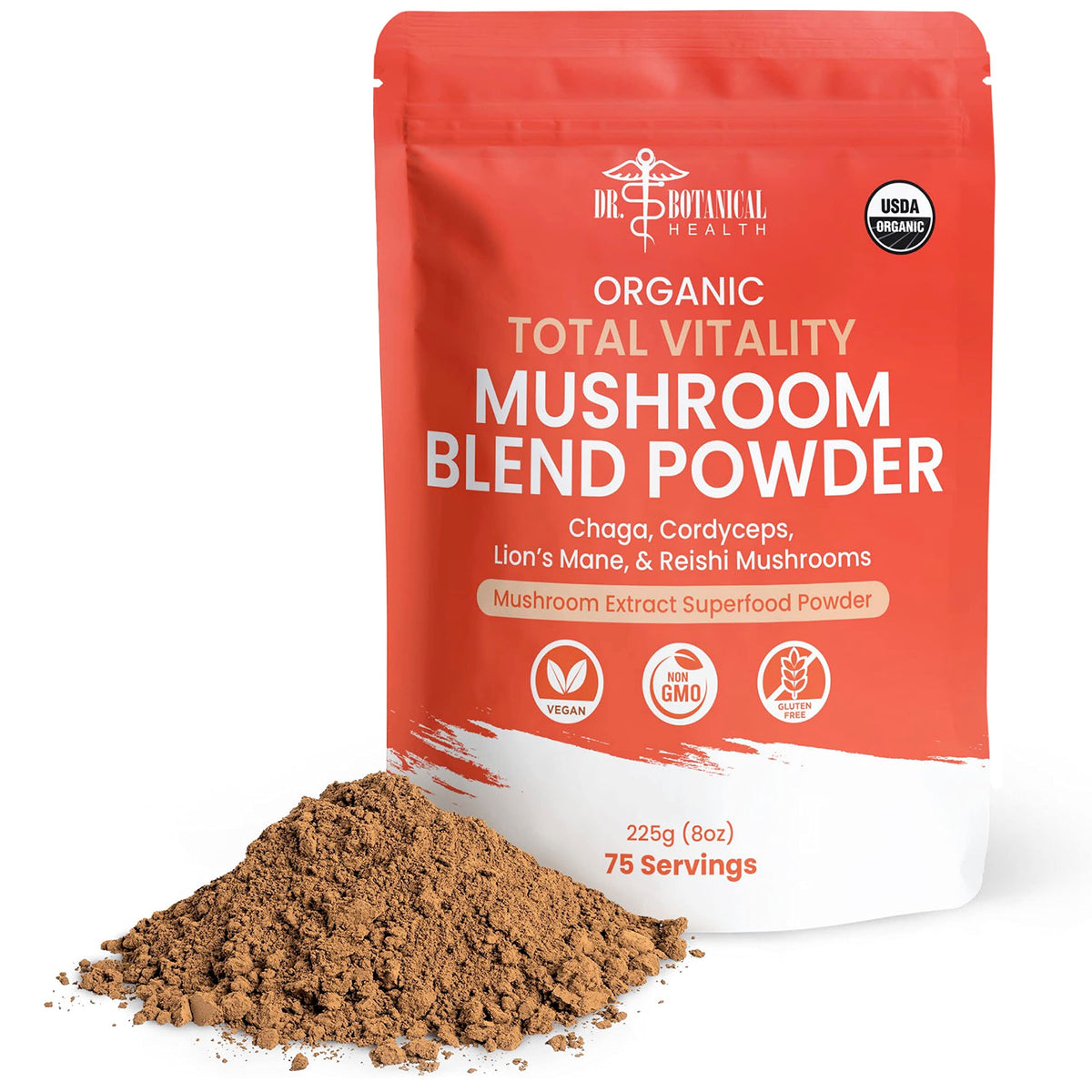 Dr. Botanical Health organic mushroom powder canister close-up for daily wellness