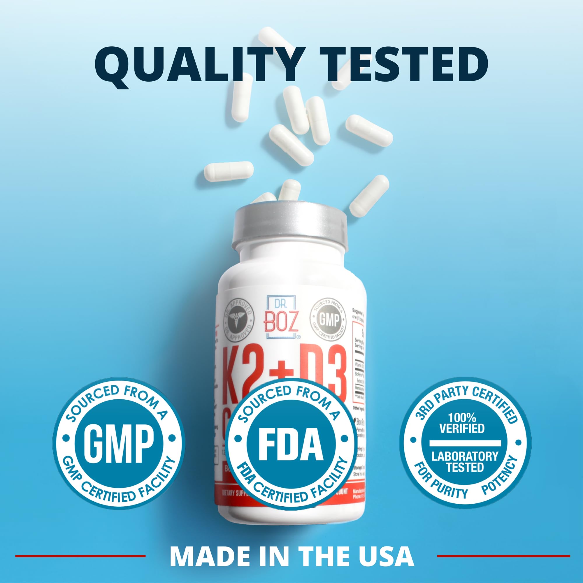 Dr. Boz K2 D3 capsules displayed on white surface for daily supplementation.