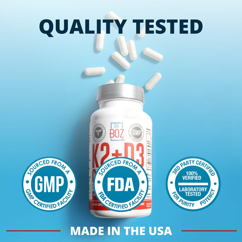 Dr. Boz K2 D3 capsules displayed on white surface for daily supplementation.