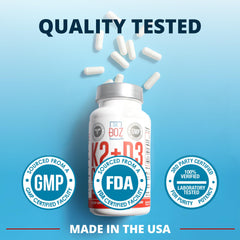 Dr. Boz K2 D3 capsules displayed on white surface for daily supplementation.