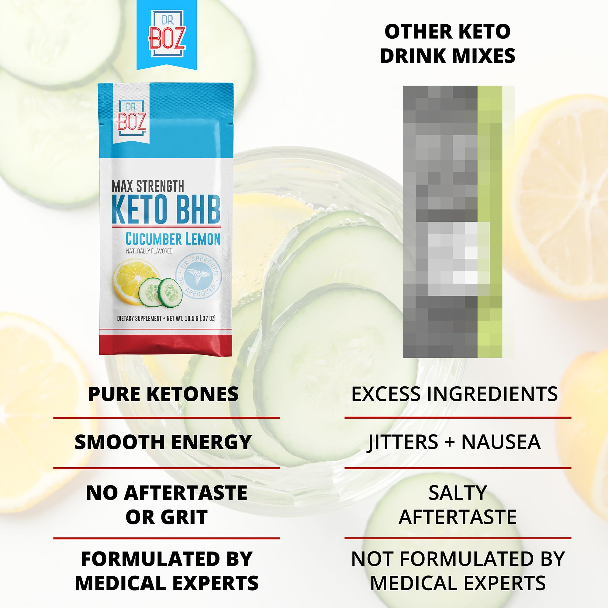 Dr Boz Keto BHB Powder mixing image shows smooth dissolve in water