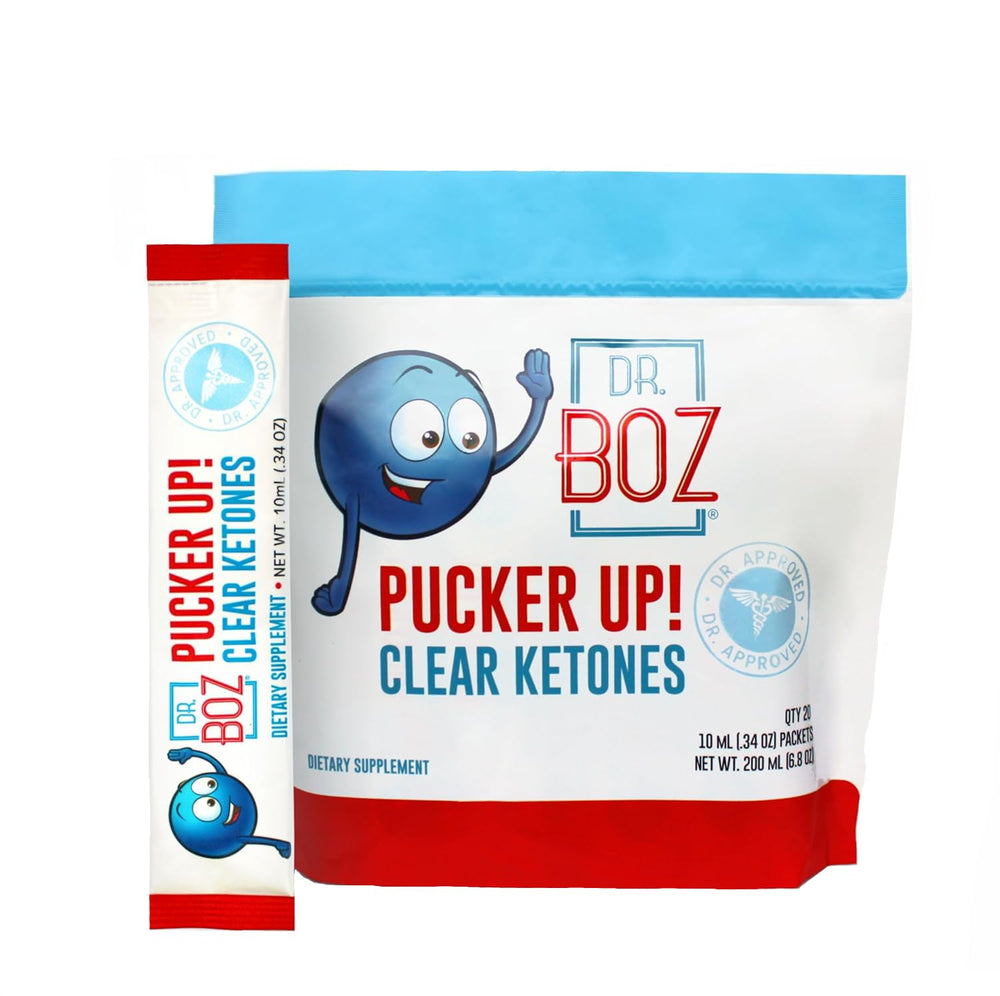 Dr. Boz Pucker Up bottle showcases pure liquid ketones for a quick energy lift.