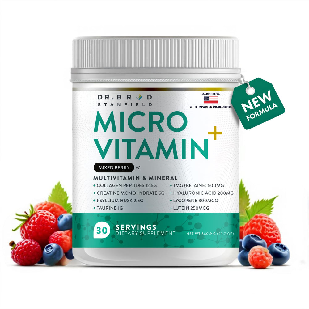 Dr Brad Stanfield MicroVitamin+ bottle pouring for a simple daily wellness ritual.