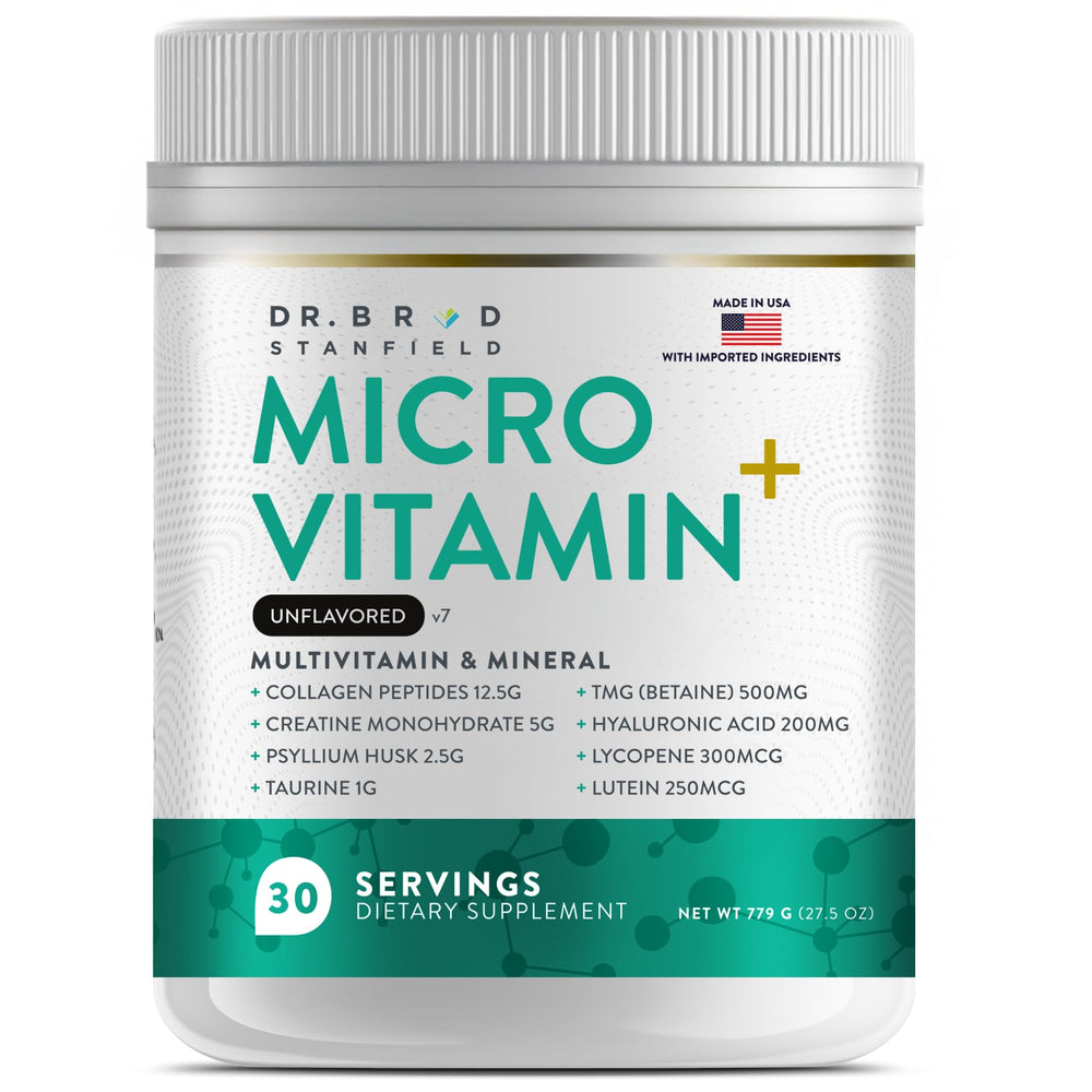 Dr Brad Stanfield MicroVitamin+ collagen powder pour supports skin hydration and elasticity.