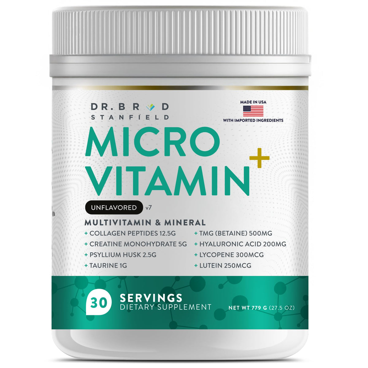 Dr Brad Stanfield MicroVitamin+ collagen powder pour supports skin hydration and elasticity.