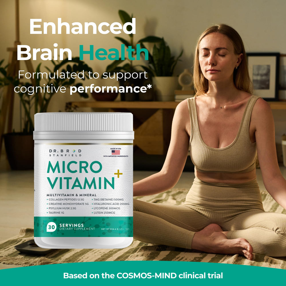 Dr Brad Stanfield MicroVitamin+ mixed berry powder in glass shows natural flavor.