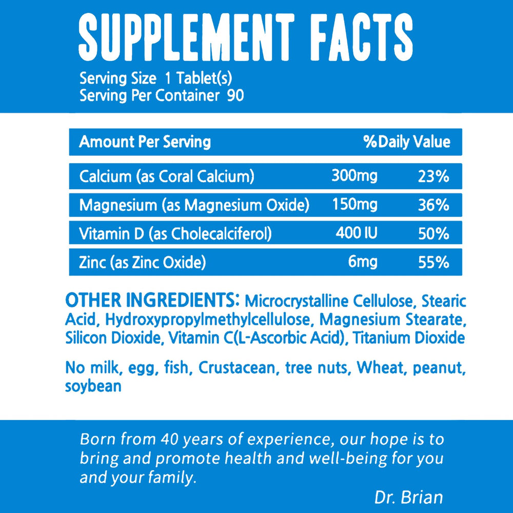 DR.BRIAN calcium supplement bottle back view with label details for transparency.