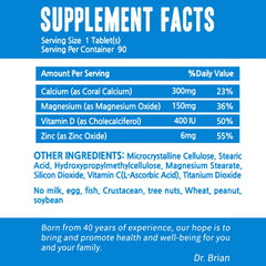 DR.BRIAN calcium supplement bottle back view with label details for transparency.