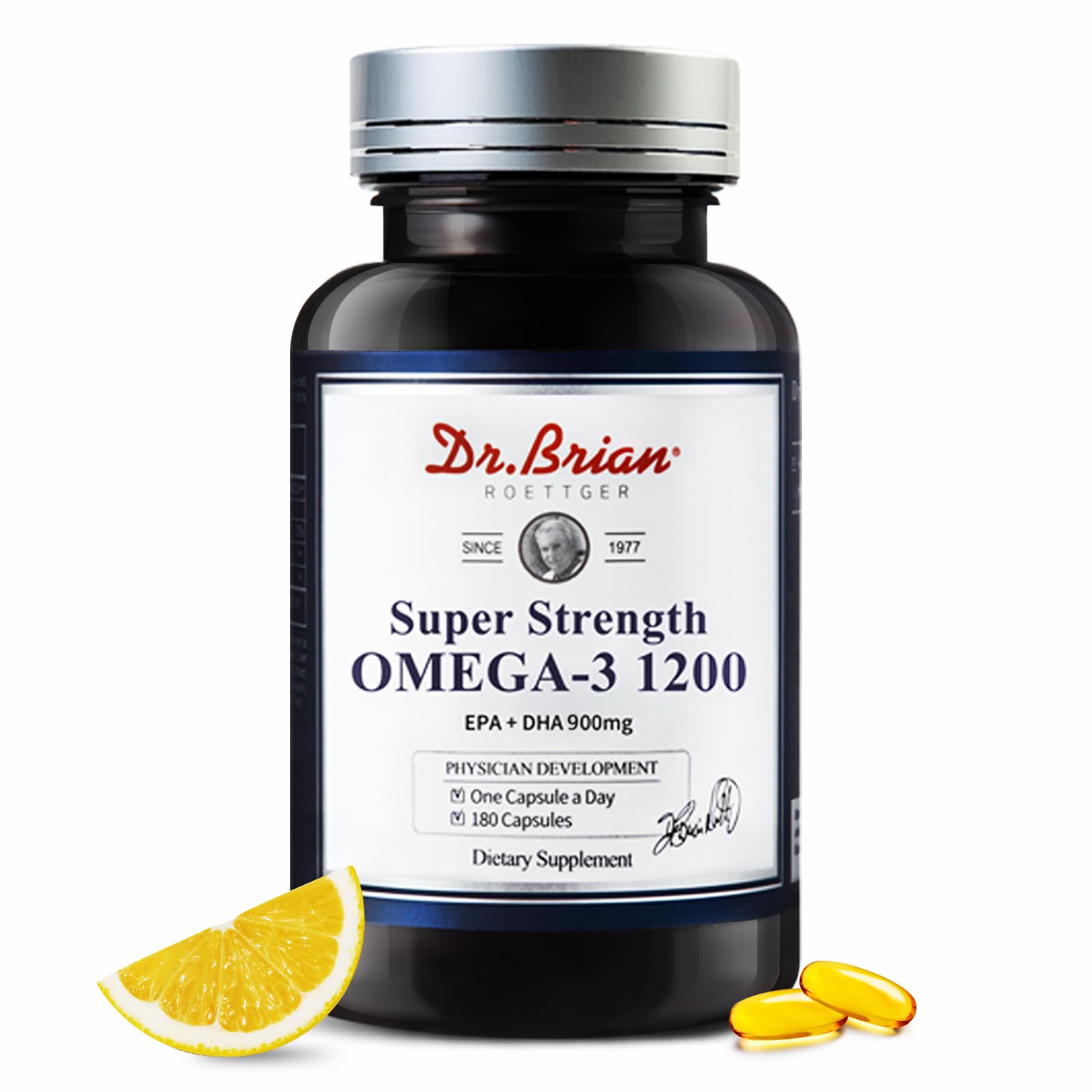 DR.BRIAN Omega 3 odorless fish oil bottle demonstrating purity and lemon flavor.