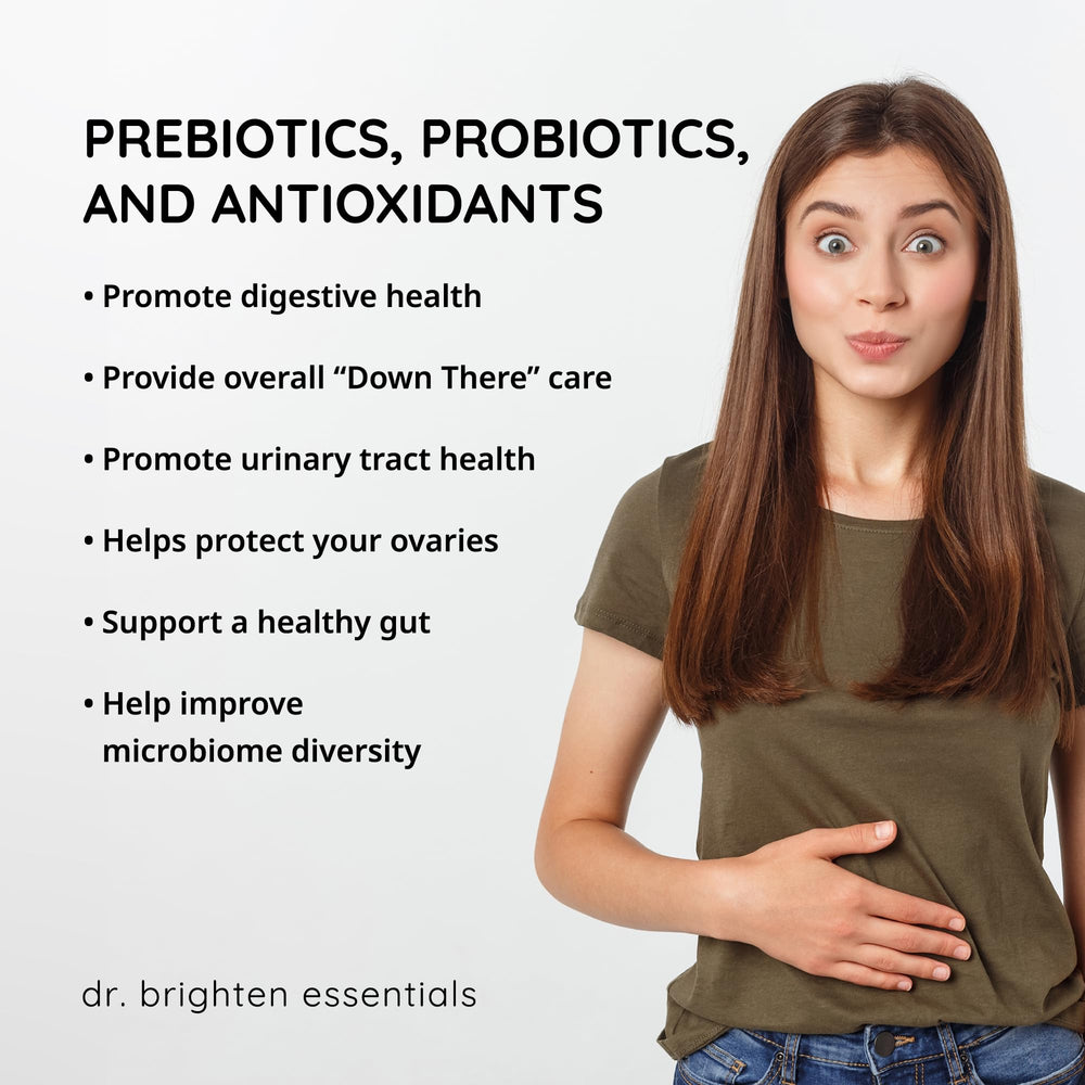 Packaging box of Dr. Brighten Women’s Probiotic highlighting USA-made organic formula