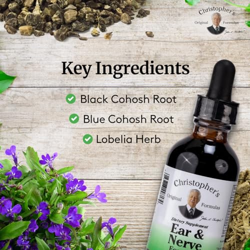 Dr Christopher's Ear and Nerve herbal ingredients highlight plant-based blends.