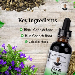 Dr Christopher's Ear and Nerve herbal ingredients highlight plant-based blends.