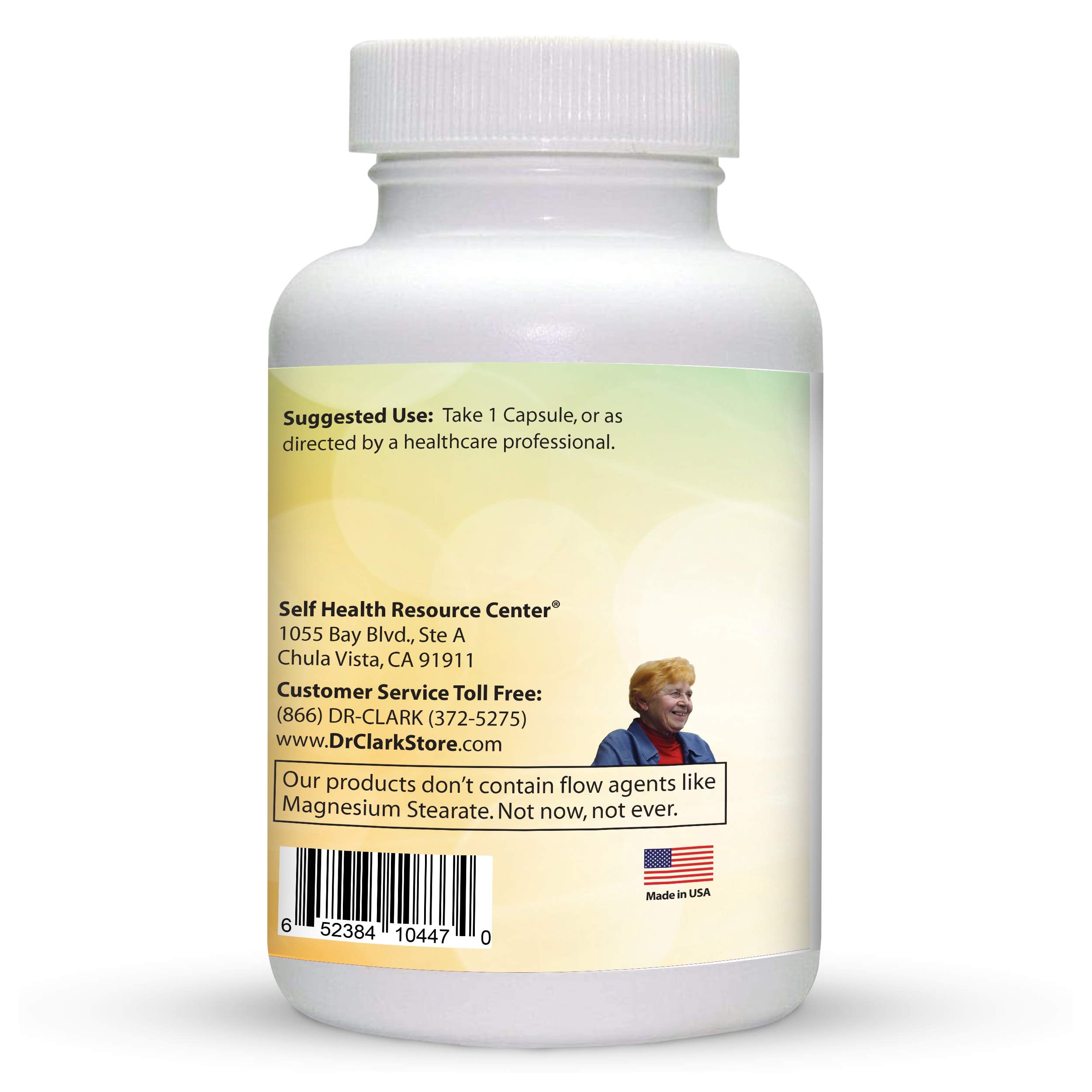 Dr Clark Store capsules inside bottle demonstrate easy-to-swallow gelatin shells.