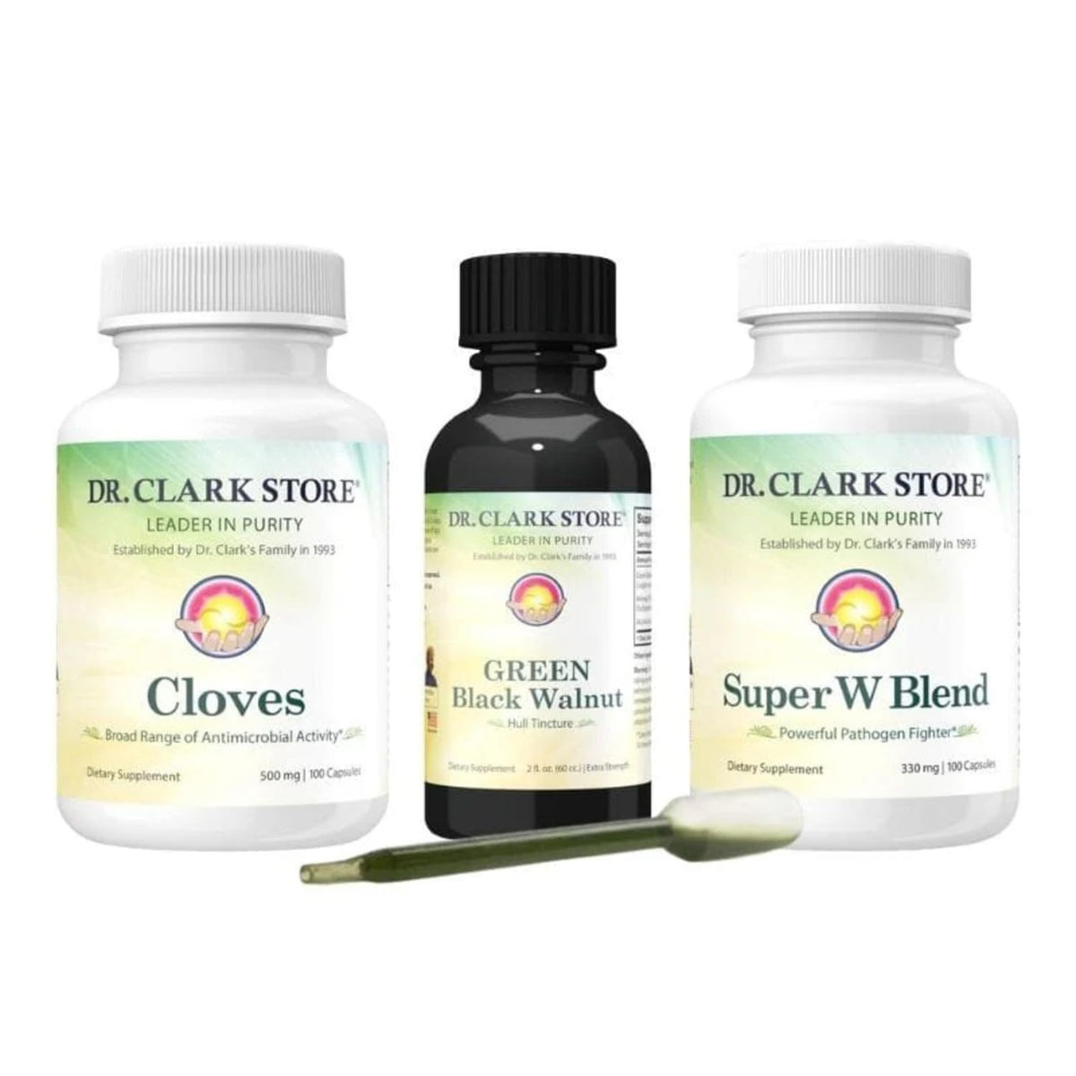 Dr Clark Store green walnut tincture bottle highlighting a juglone-rich formula for digestive balance.