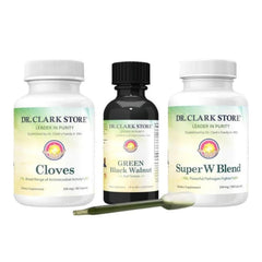 Dr Clark Store green walnut tincture bottle highlighting a juglone-rich formula for digestive balance.