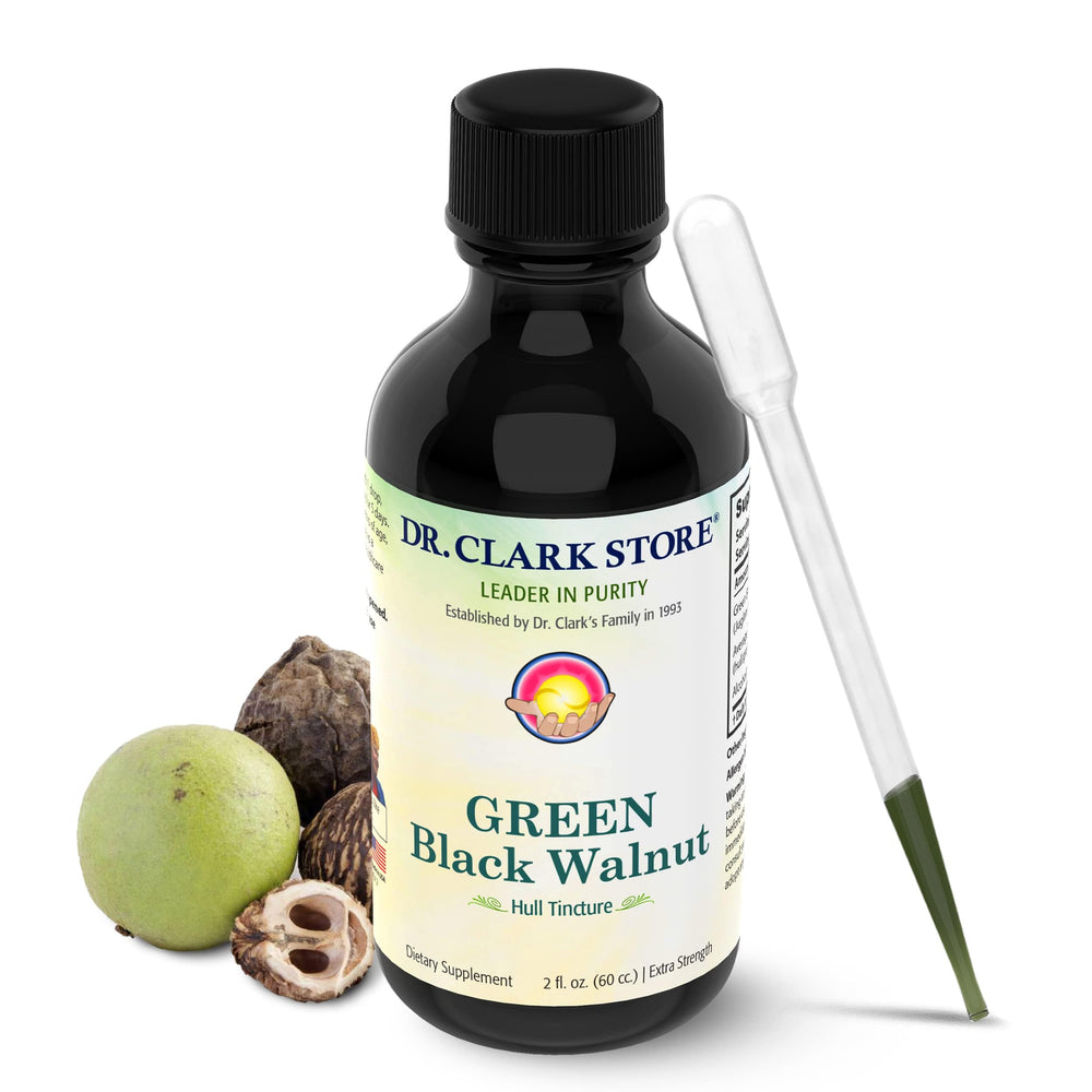 Dr. Clark Store Original Green Black Walnut Hull Tincture bottle label shows natural potency for gut balance