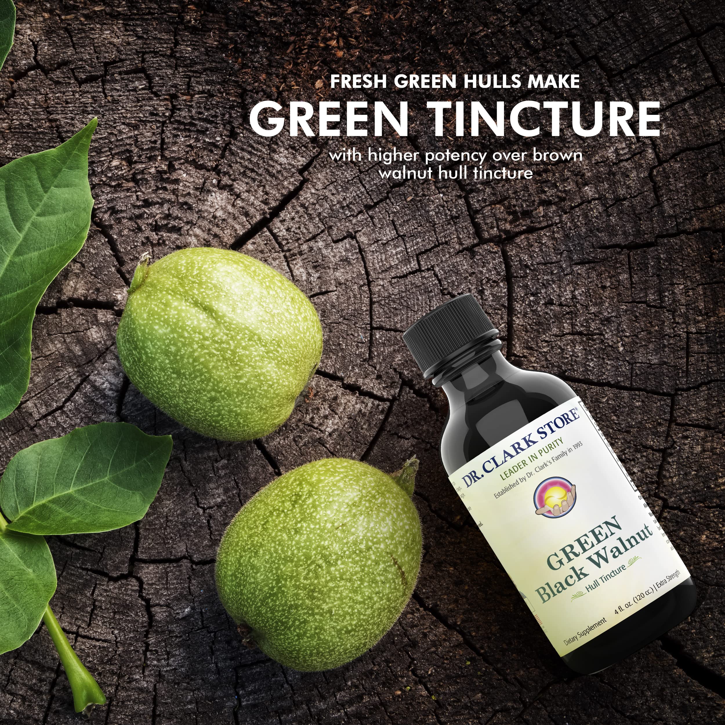 Dr Clark Store Original Green Walnut Hull Tincture bottle on neutral background for display.