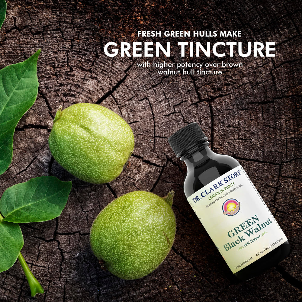 Dr Clark Store Original Green Walnut Hull Tincture bottle on neutral background for display.