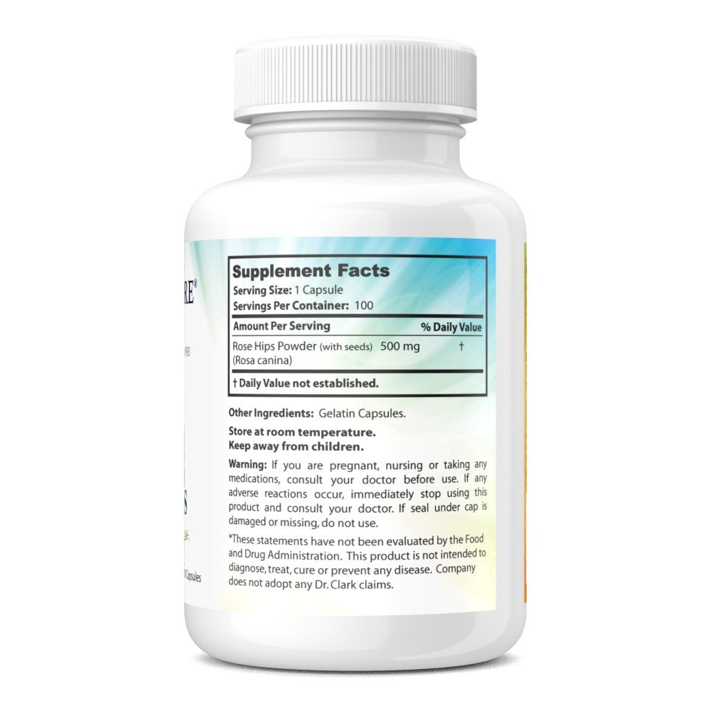 Dr Clark Store Rose HIPS Supplement label close-up with per-pack information for reference.