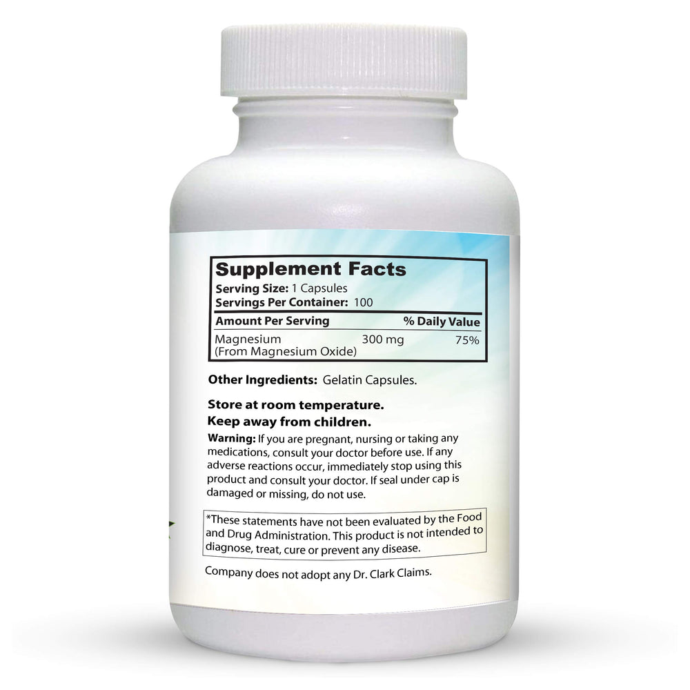 Two-bottle pack with Dr Clark Store magnesium oxide provides a convenient 200-capsule supply.