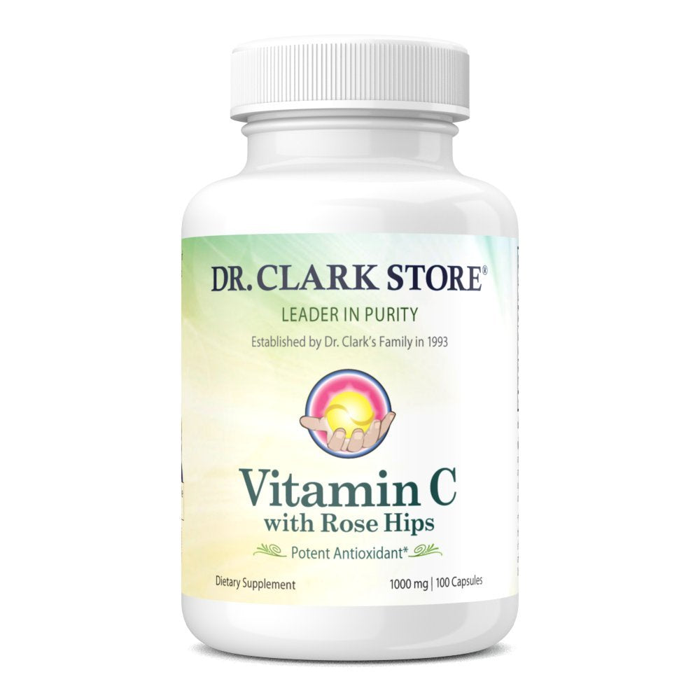 Dr Clark Vitamin C with Rose Hips bottle showing 1000mg capsules for immune support