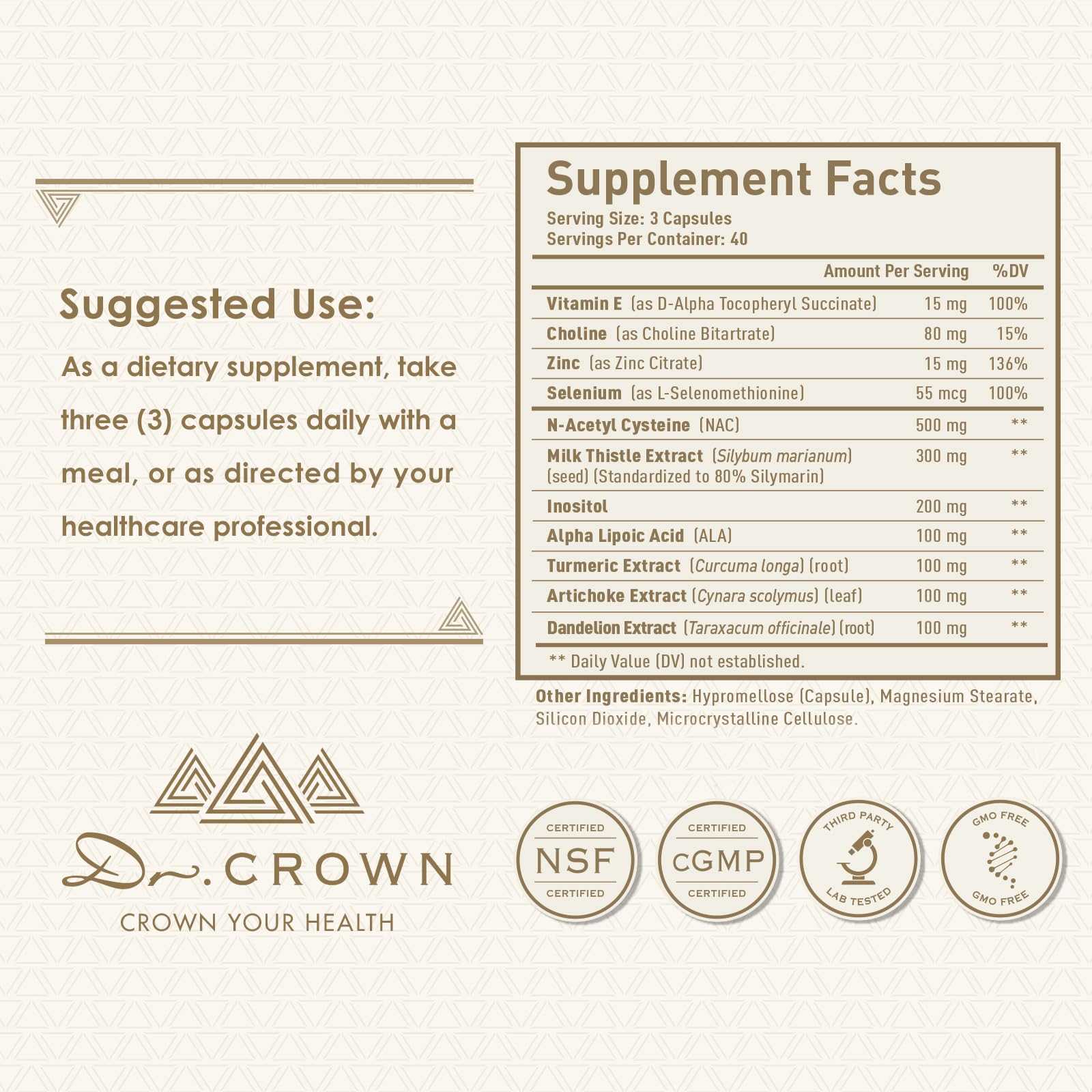 DR. CROWN gluten-free non-GMO label emphasizes a clean formulation.