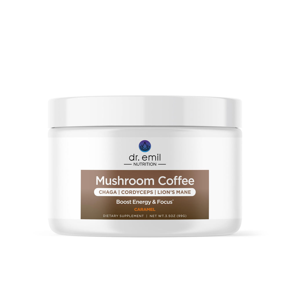 DR. EMIL Mushroom Coffee packaging highlights premium blend for focused mornings.