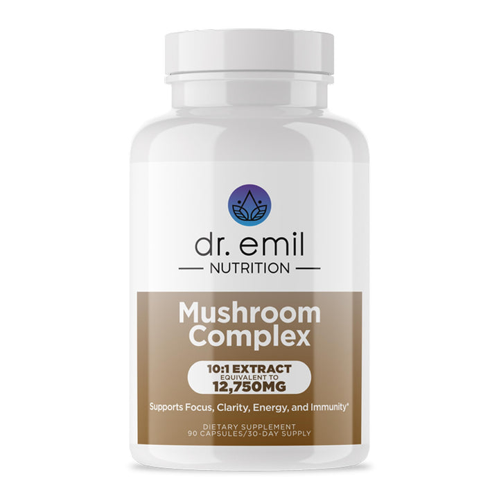 DR. EMIL NUTRITION 10-mushroom bottle promotes focus and mental clarity