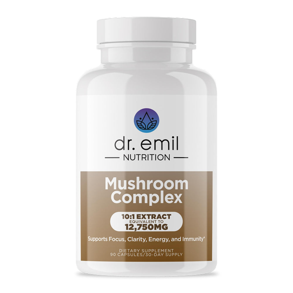 DR. EMIL NUTRITION 10-mushroom bottle promotes focus and mental clarity