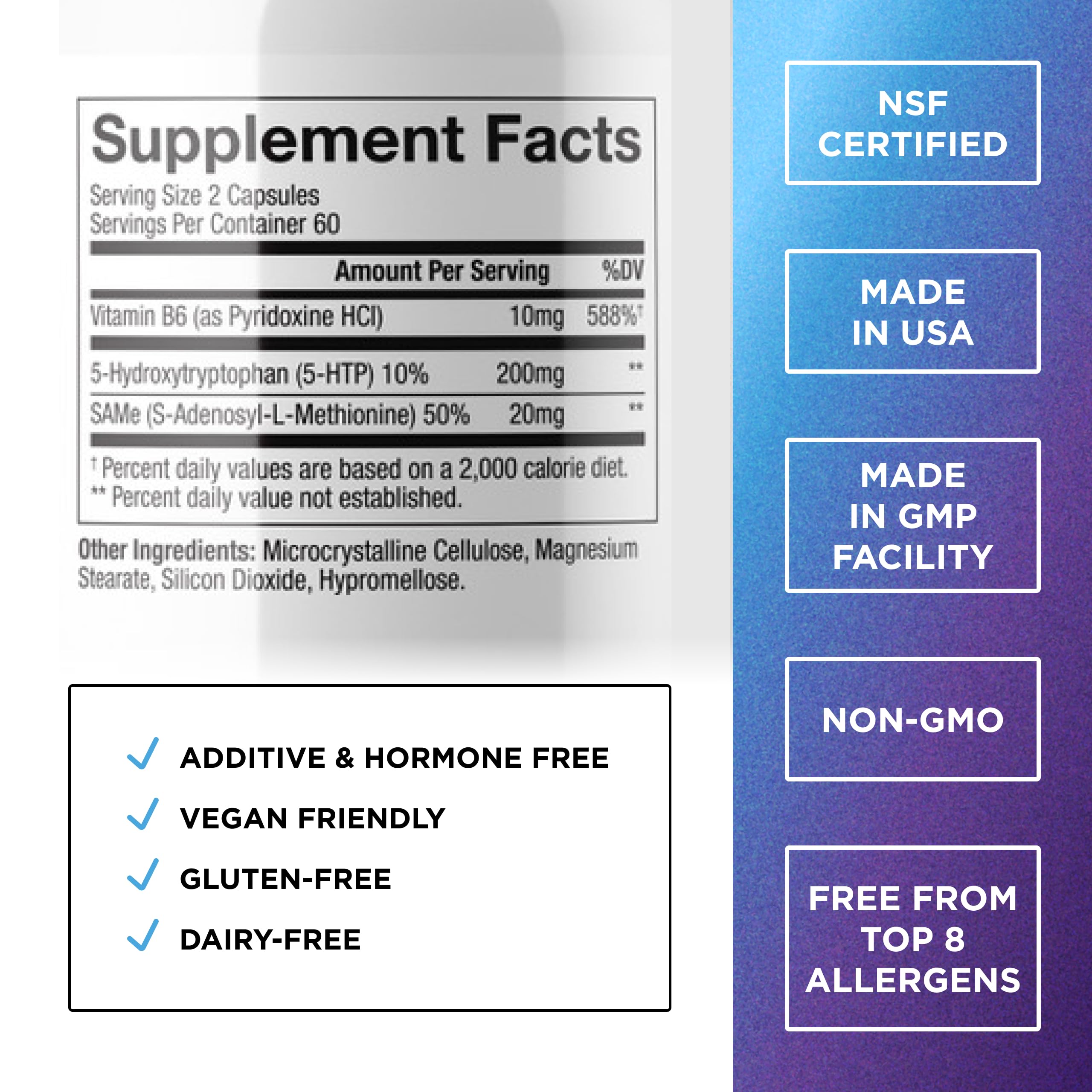 Close-up of DR. EMIL NUTRITION 5-HTP Plus capsules showing SAM-e blend for stress balance.