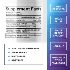 Close-up of DR. EMIL NUTRITION 5-HTP Plus capsules showing SAM-e blend for stress balance.
