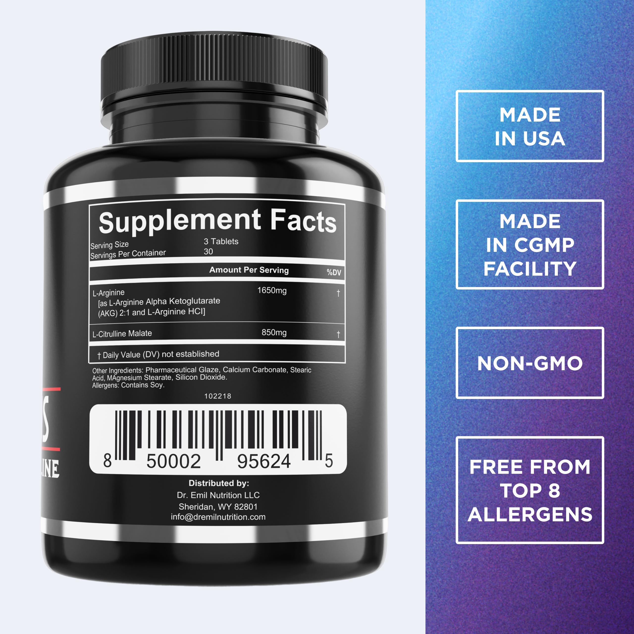 Close-up of Dr. Emil Nutrition Arginine Plus tablets highlighting the 2500 mg formula.