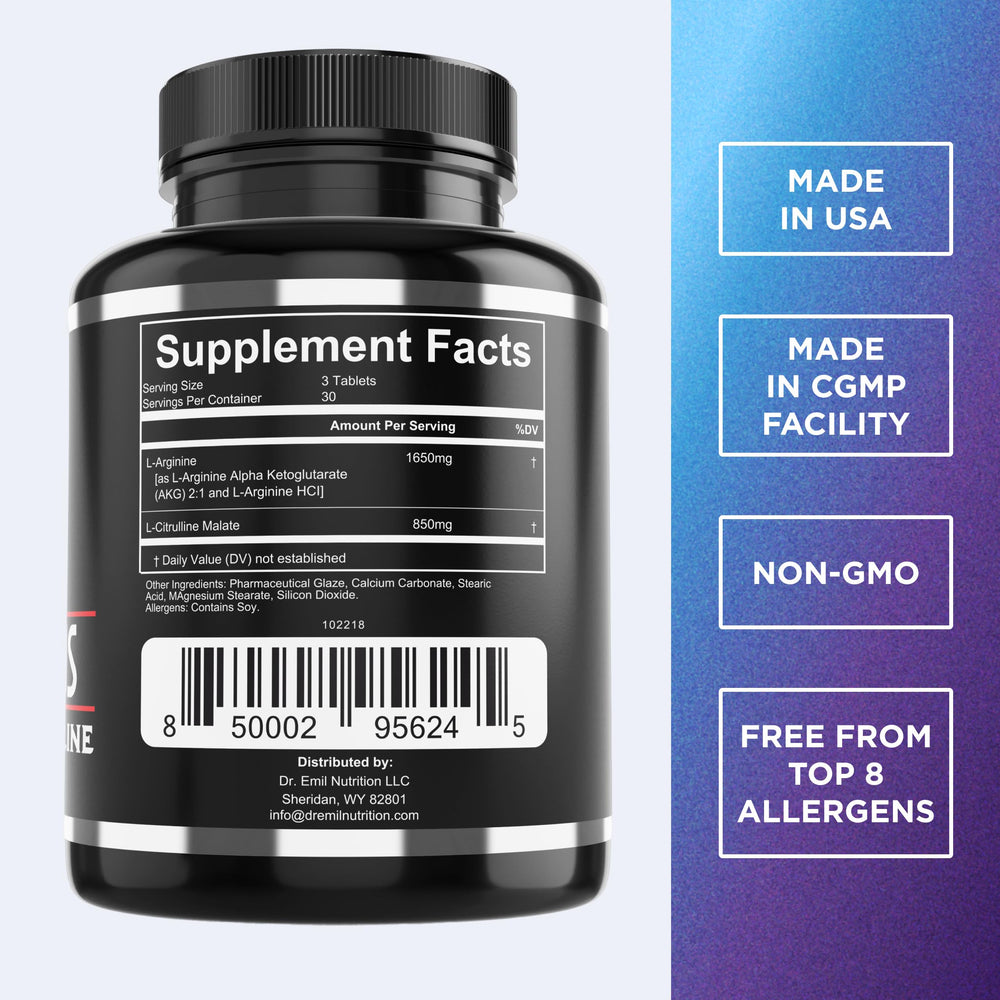 Close-up of Dr. Emil Nutrition Arginine Plus tablets highlighting the 2500 mg formula.