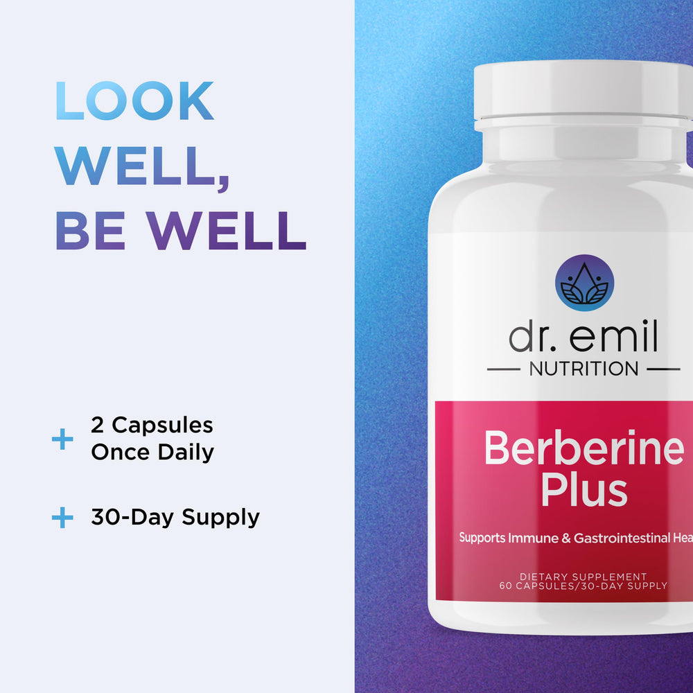 Packaging on table featuring DR. EMIL NUTRITION Berberine bottle.