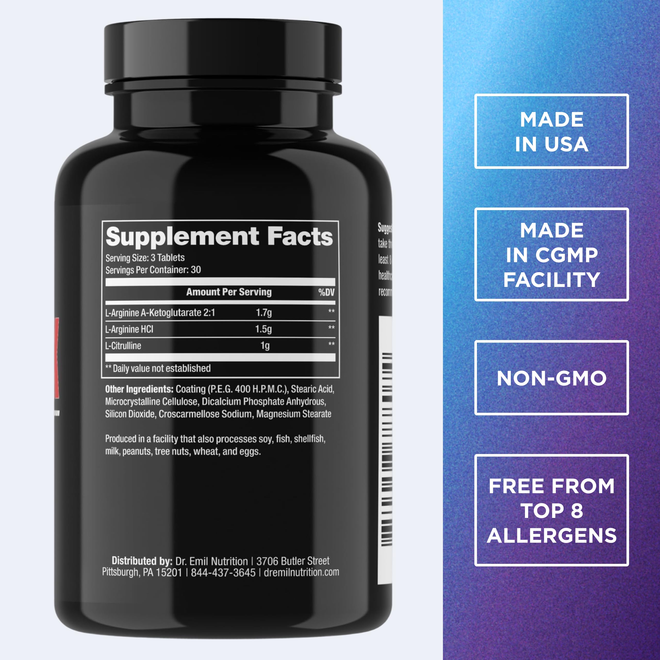Dr. Emil Nutrition Elite arginine tablets close‑up highlighting easy daily dosage