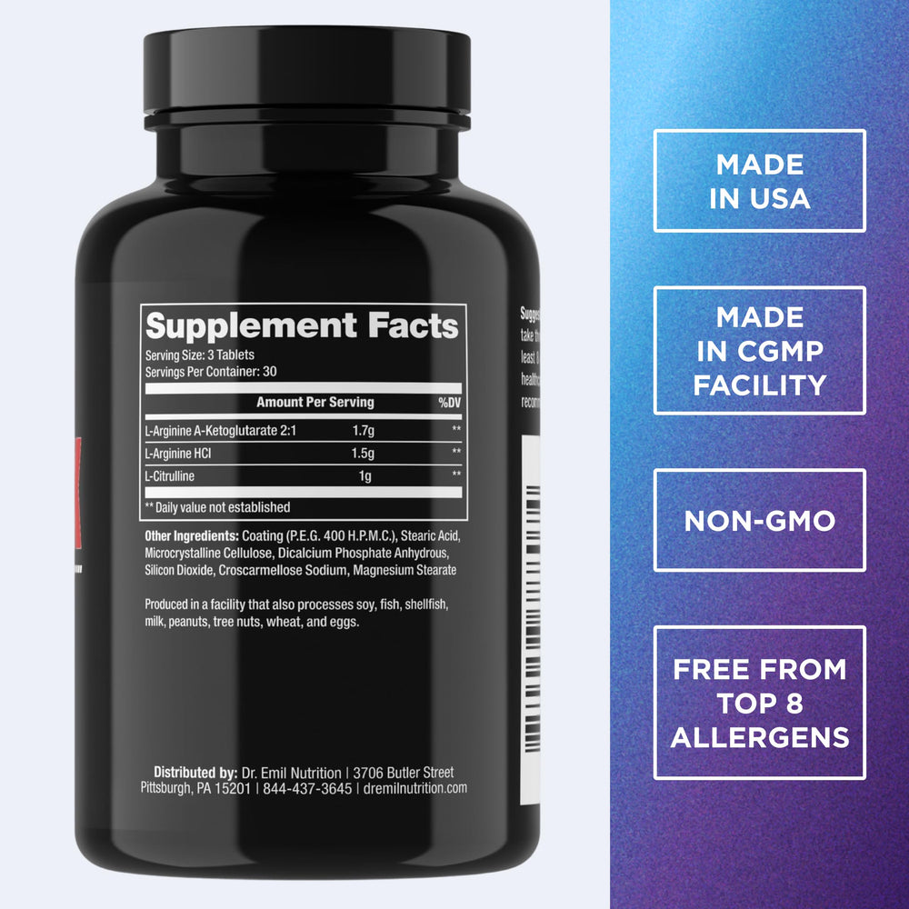 Dr. Emil Nutrition Elite arginine tablets close‑up highlighting easy daily dosage
