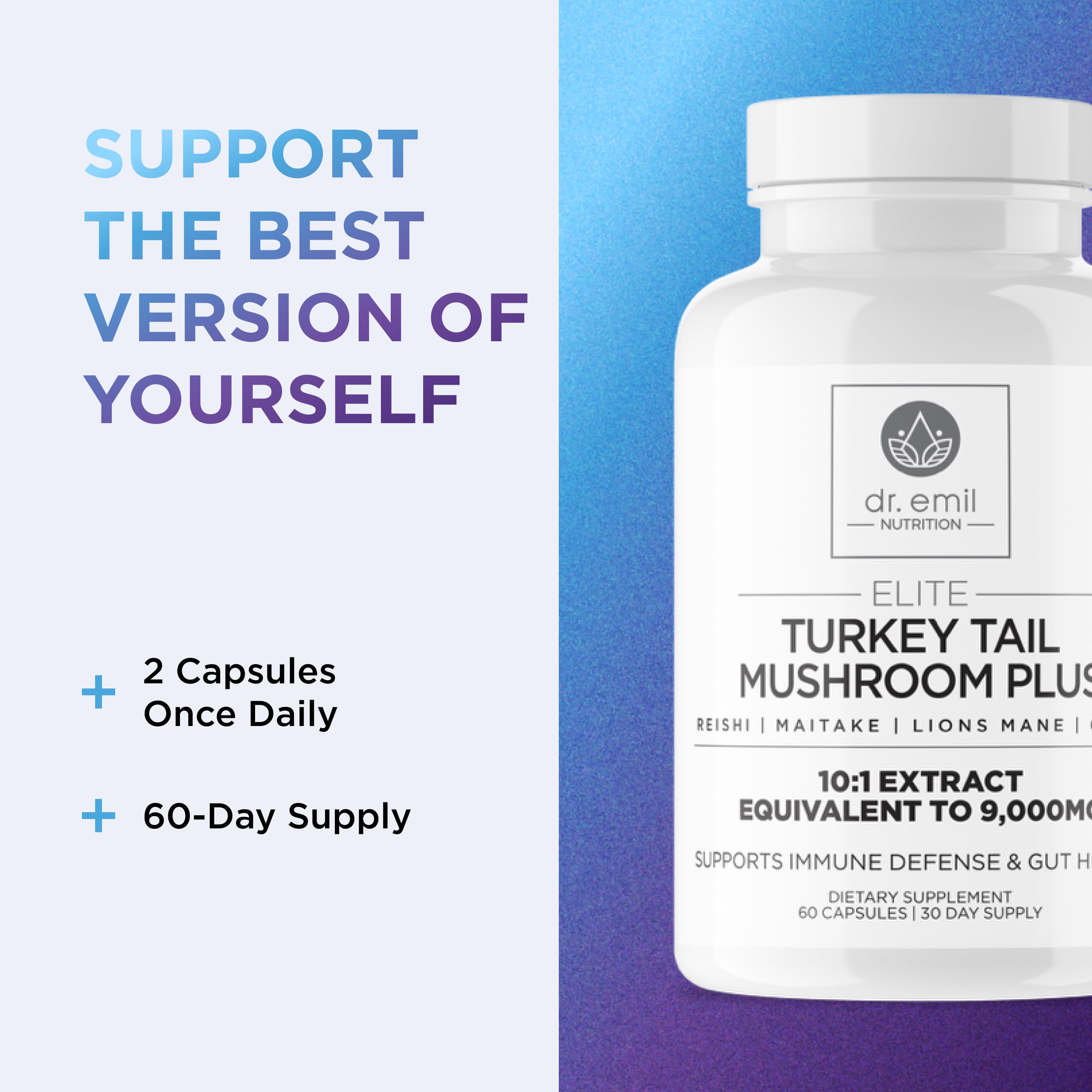 Dr. Emil Nutrition Elite Turkey Tail dosing chart helps plan daily intake.